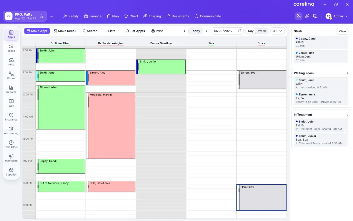 The appointment book with the patient flow pane, on a Windows PC.